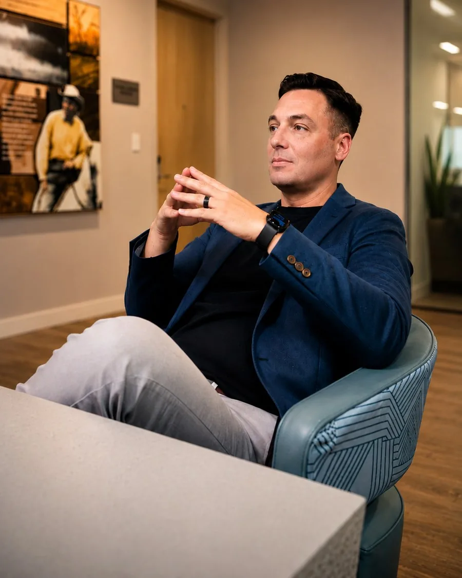 Larry Orton in a meeting room, mid-thought