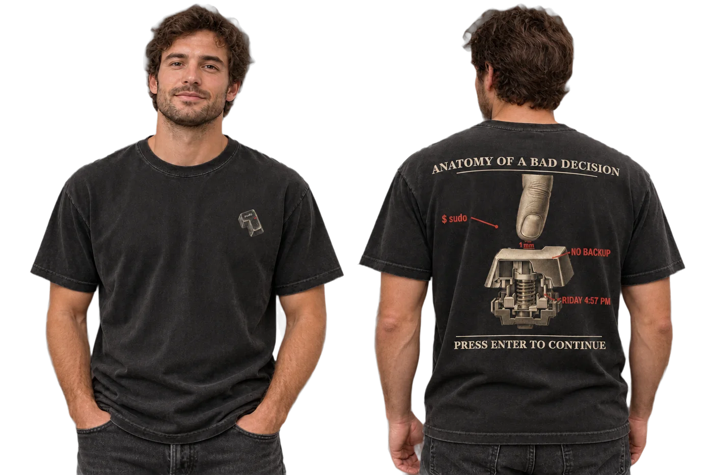 Anatomy of a Bad Decision tee, front pocket icon and back print