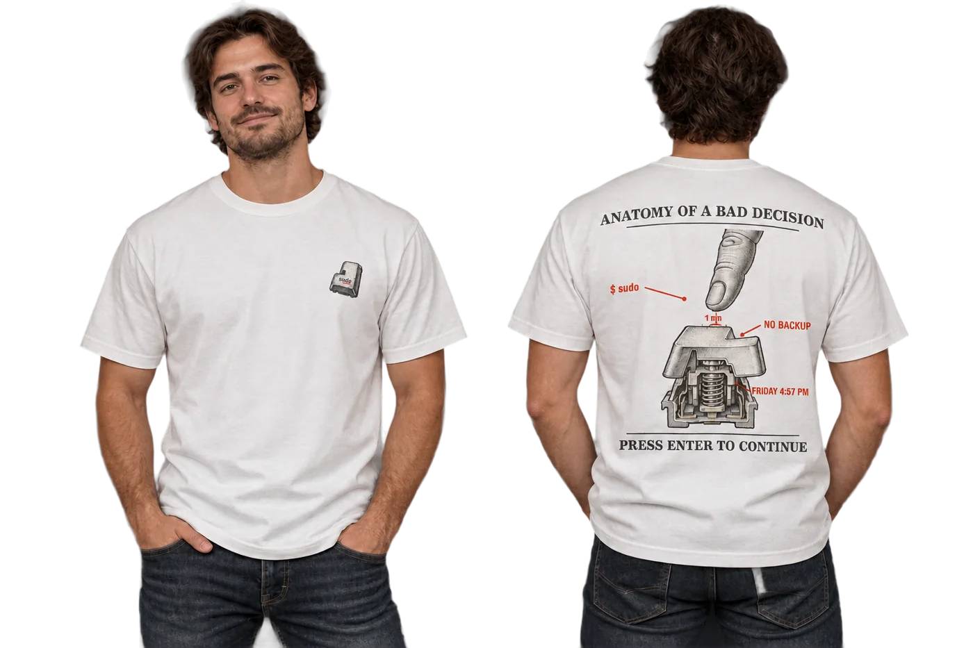 Anatomy of a Bad Decision tee in white, front pocket icon and back print