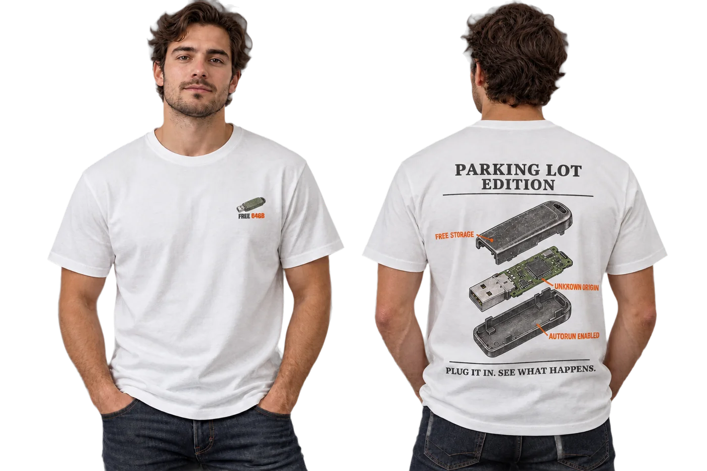 Parking Lot Edition tee in white, front pocket icon and back print